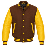 Brown melton wool varsity jacket with yellow leather sleeves, front view