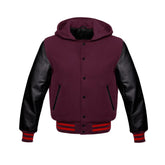 Burgundy Wool and Black Leather Hooded Varsity Jacket