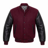 Burgundy and Black Varsity Jacket with Wool Body and Leather Sleeves