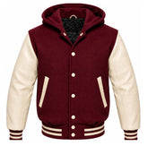 Burgundy and Cream Letterman Jacket with Hood