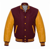 Burgundy and Gold Varsity Jacket with Wool Body and Leather Sleeves