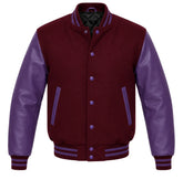 Burgundy melton wool letterman jacket with purple cowhide leather sleeves, front view