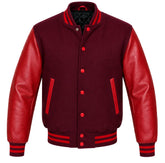 Burgundy melton wool varsity jacket with red leather sleeves, front view