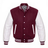 Burgundy and White Varsity Jacket with Wool Body and Leather Sleeves