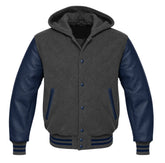 Charcoal Grey and Navy Blue Hooded Varsity Jacket