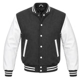 Charcoal grey melton wool varsity jacket with white leather sleeves, front view