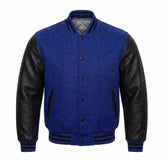 Cobalt Blue and Black Varsity Jacket with Wool Body and Leather Sleeves