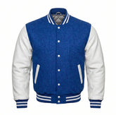 Cobalt Blue and White Varsity Jacket with Wool Body and Leather Sleeves