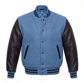 Columbia Blue and Black Varsity Jacket with Wool Body and Leather Sleeves