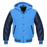 Columbia Blue and Navy Blue Hooded Varsity Jacket