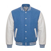 Columbia Blue and White Varsity Jacket with Wool Body and Leather Sleeves