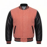 Coral and Black Varsity Jacket with Wool Body and Leather Sleeves