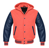 Coral and Navy Blue Varsity Jacket with Hood