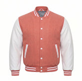 Coral and White Varsity Jacket with Wool Body and Leather Sleeves
