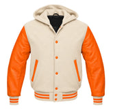Cream and Orange Varsity Jacket with Hood
