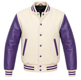 Cream melton wool varsity jacket with purple leather sleeves, front view
