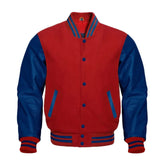 Crimson and Navy Varsity Jacket with Wool Body and Leather Sleeves