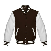 Dark Brown and White Varsity Jacket with Wool Body and Leather Sleeves