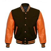 Dark Brown and Orange Varsity Jacket with Wool Body and Leather Sleeves