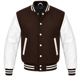 Dark brown melton wool varsity jacket with white leather sleeves, front view
