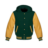 Dark Green Wool and Gold Leather Hooded Varsity Jacket