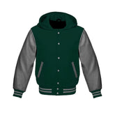 Dark Green Wool and Grey Leather Hooded Varsity Jacket
