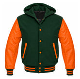 Dark Green and Orange Hooded Varsity Jacket