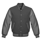 Dark Grey Varsity Jacket with Wool Body and Leather Sleeves