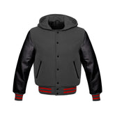Dark Grey Wool and Black Leather Hooded Varsity Jacket