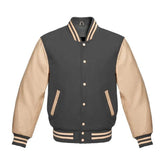 Dark Grey Wool and Cream Leather Varsity Jacket