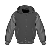 Dark Grey Wool and Leather Hooded Varsity Jacket