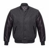 Dark Grey and Black Varsity Jacket with Wool Body and Leather Sleeves