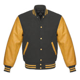 Dark Grey and Gold Varsity Jacket with Wool Body and Leather Sleeves