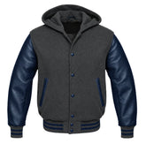 Dark Grey and Navy Blue Varsity Jacket with Hood