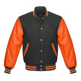 Dark Grey and Orange Varsity Jacket with Wool Body and Leather Sleeves
