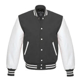 Dark Grey and White Varsity Jacket with Wool Body and Leather Sleeves