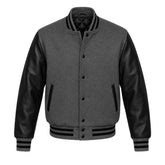 Dark Grey and Black Varsity Jacket with Wool Body and Leather Sleeves