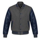 Dark Grey and Navy Blue Varsity Jacket with Wool Body and Leather Sleeves