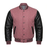 Dusty Rose and Black Varsity Jacket with Wool Body and Leather Sleeves