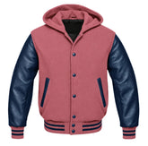 Dusty Rose and Navy Blue Letterman Jacket with Hood