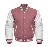 Dusty Rose and White Varsity Jacket with Wool Body and Leather Sleeves