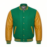 Emerald Green and Gold Varsity Jacket with Wool Body and Leather Sleeves