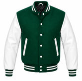 Emerald green melton wool varsity jacket with white leather sleeves, front view