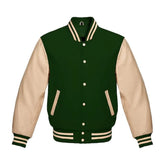 Forest Green Wool and Cream Leather Varsity Jacket