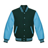 Forest Green and Sky Blue Varsity Jacket with Wool Body and Leather Sleeves
