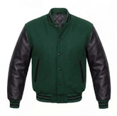 Forest Green and Black Varsity Jacket with Wool Body and Leather Sleeves