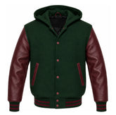 Forest Green and Maroon Letterman Jacket with Hood