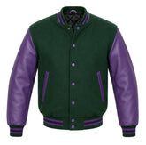 Forest green melton wool varsity jacket with purple cowhide sleeves, front view