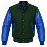 Forest green melton wool letterman jacket with royal blue leather sleeves, front view