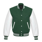 Forest Green and White Varsity Jacket with Wool Body and Leather Sleeves